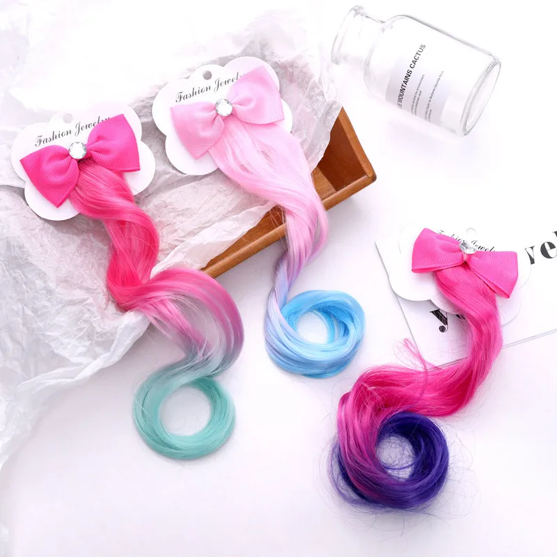 

New Girls Lovely Gradient Colorful Wigs Bow Hairpins Princess Hair Ornament Headband Hair Clips Barrettes Kids Hair Accessories