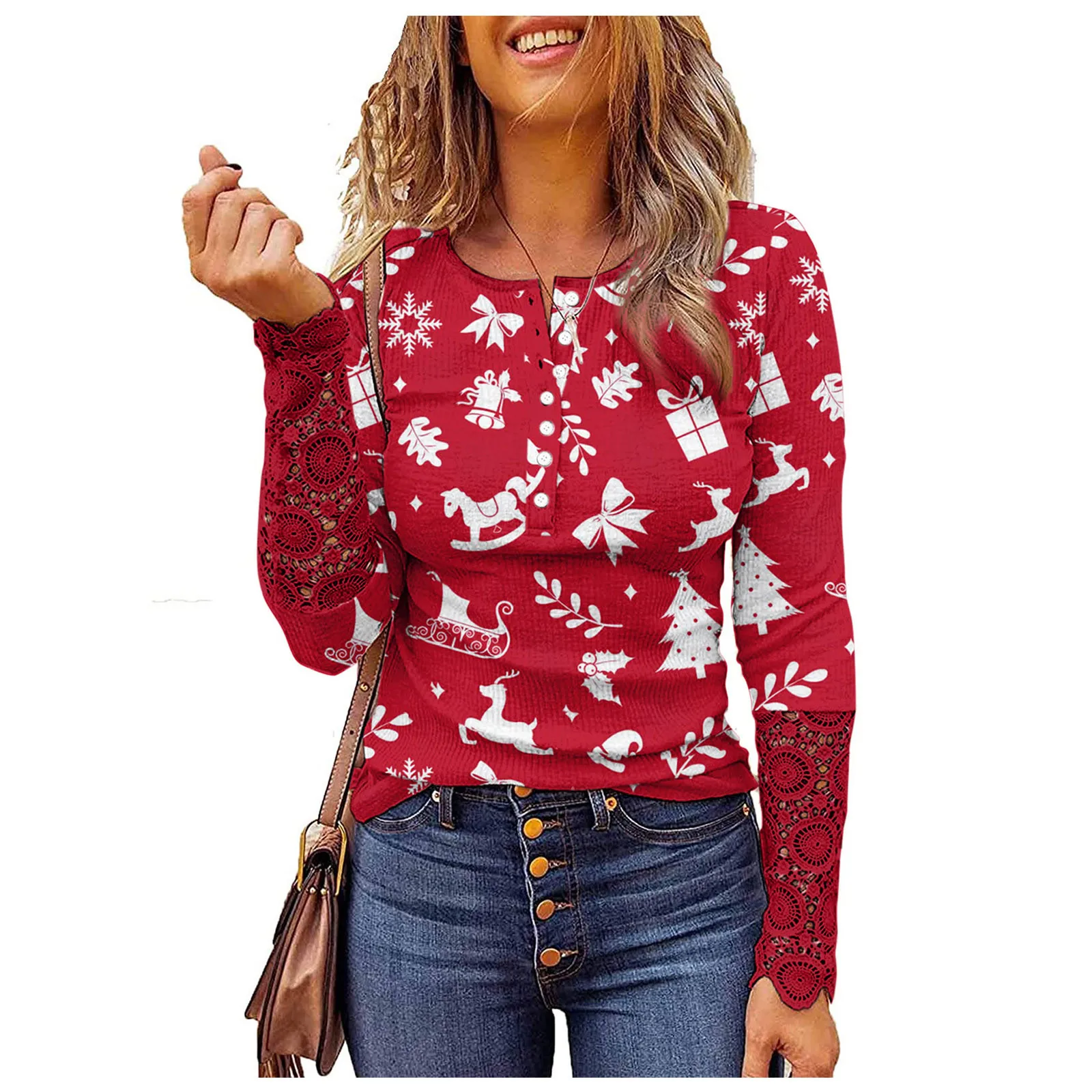 

Autumn Women T Shirt Christmas Women lace Long Sleeve Tops O Neck Button Ladies Casual Clothes Streetwear Simple Tees футболка 4