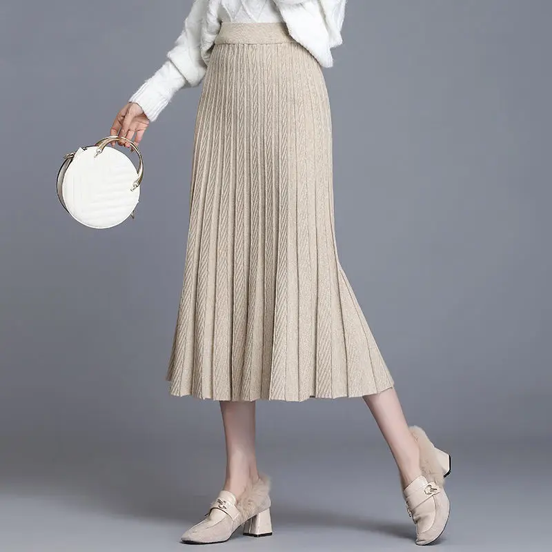 

Женская трикотажная юбка с высокой талией, плотная Трикотажная хлопковая трапециевидная длинная юбка с рюшами и складками, Осень-зима 2021