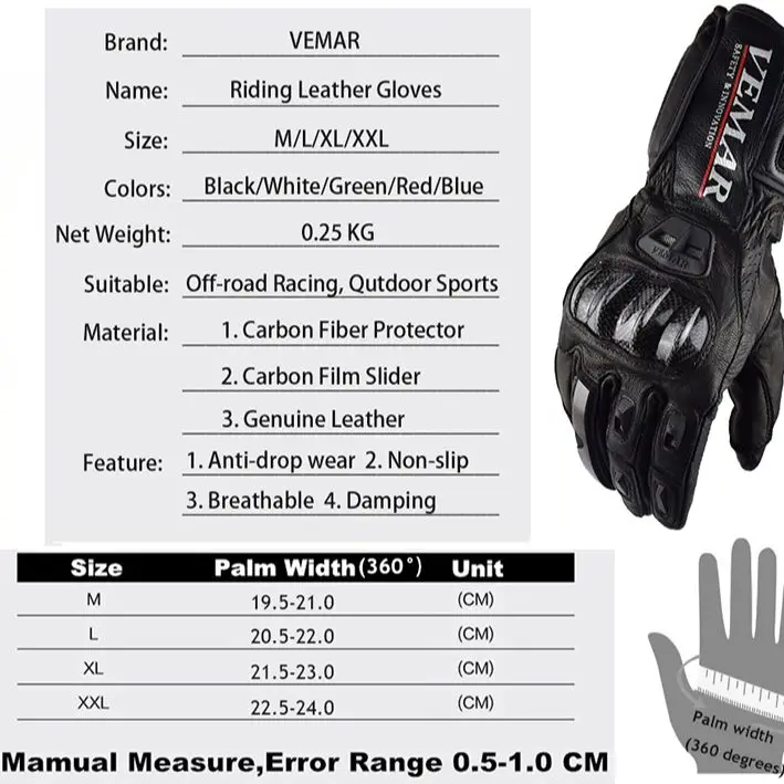 

Vemar Carbon Fiber Protective Long Motocross Gloves Real Leather Men Motorcycle Gloves Breathable Damping Moto Gloves Anti-Slip