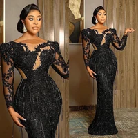 sheer o neck mermaid evening dress long sleeves beading prom gowns plus size lace tassel formal party dresses