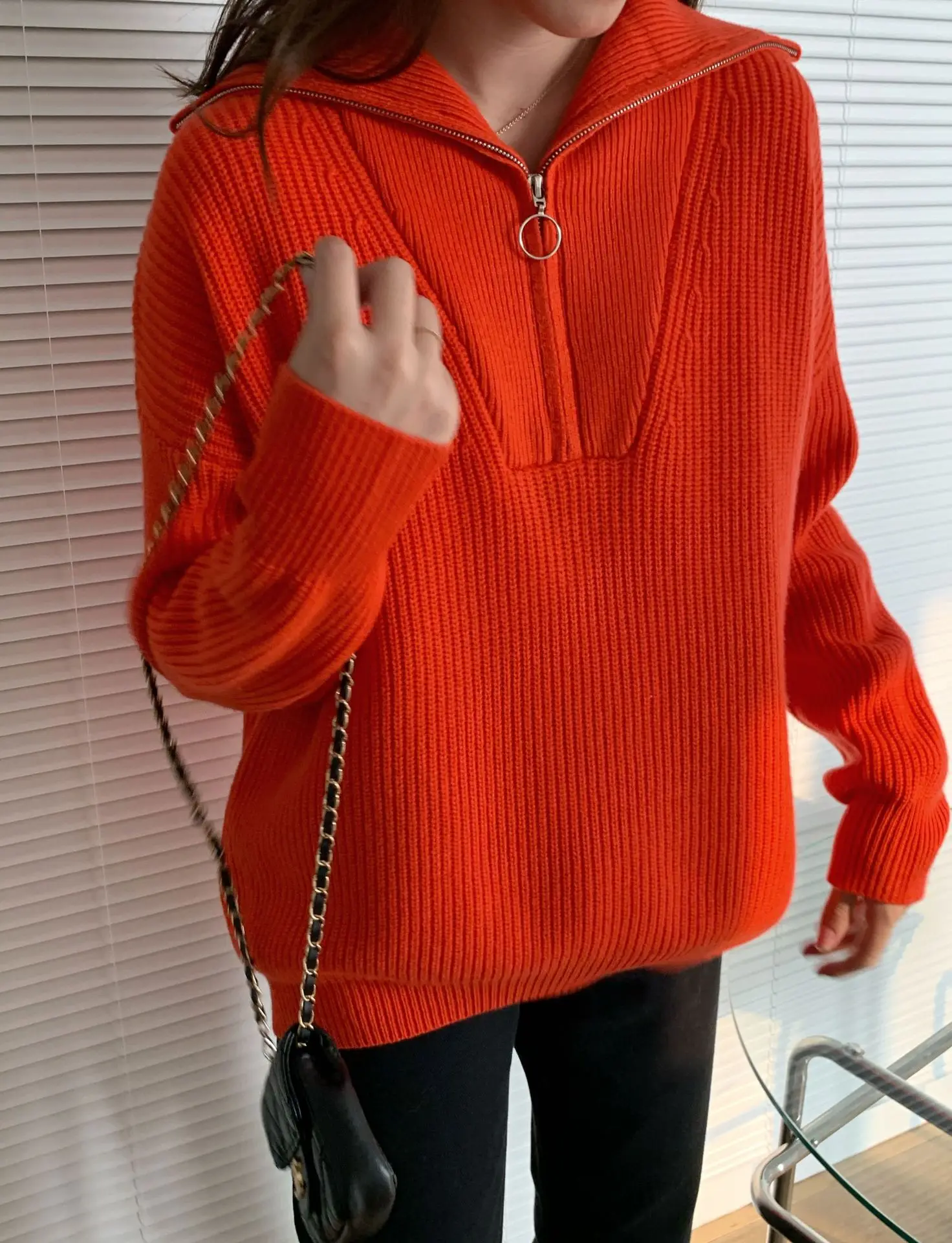 

2021 Autumn and Winter New Women Sweater Slimming Zipper High Neck Thick Warm Wool Blend Sweater Knit Top