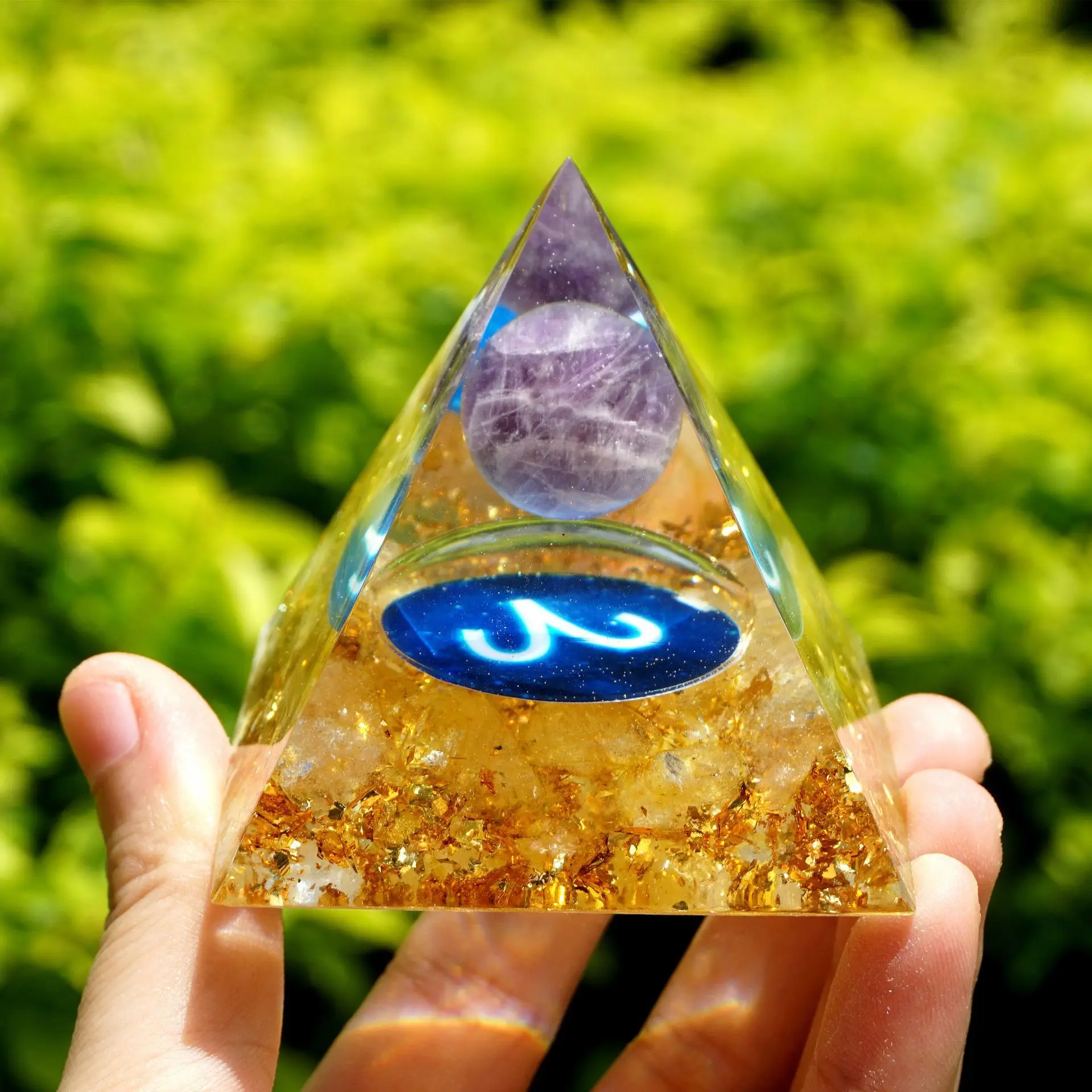 

Zodiac Amethyst Sphere Orgone Pyramid with Citrine Crystal Aries Geometry Style Reiki Healing Energy Orgonite EMF Protection