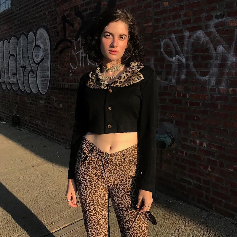 Хипстерские толстовки Женский свитшот блузка с леопардовым принтом уличная