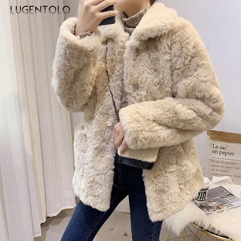 

Зимнее женское пальто Lugentolo, шерстяное, 2020 мех кролика Рекс, корейский стиль, плотное, теплое, однотонное, свободного кроя, на пуговицах