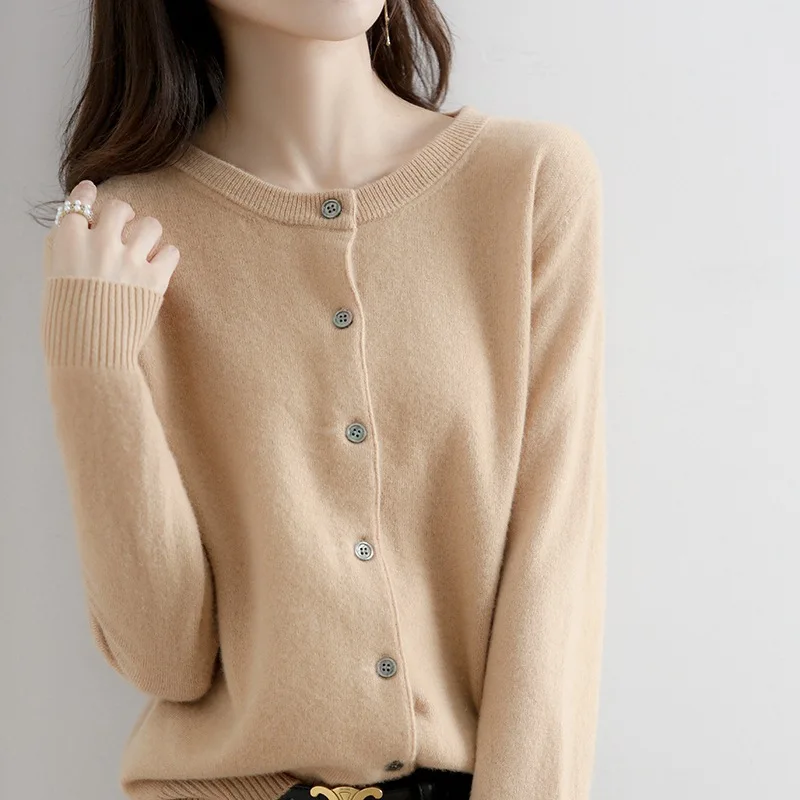 

Autumn New Round-Neck Knitted Cardigan Women's Loose Large Size Thin Sweater All-Match Jacket Pure Color Basic Cardigan NS4832