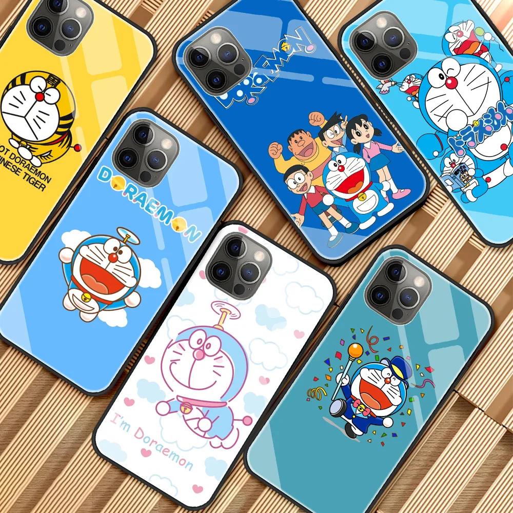 

Tempered Glass Case for Apple iPhone 11 12Pro 13Mini 8 7Plus XR X Phone Coqeu XS SE 6S Black Edge Cover Cute Cartoon Doraemon