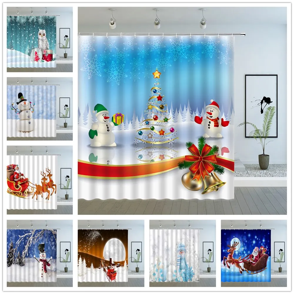 Cartoon Christmas Shower Curtains Santa Claus Snowman Winter Snow Scenery Xmas New Year Bathroom Decor Cloth Curtain Sets Cheap | Дом и сад