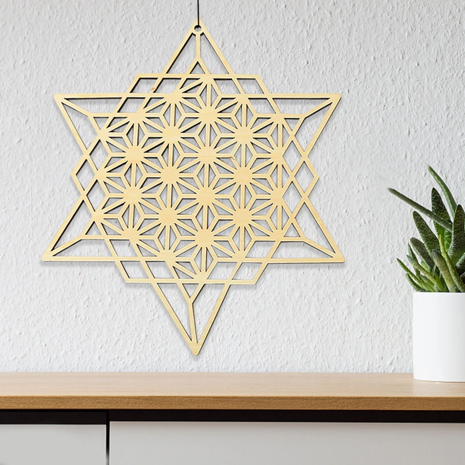 

12 Inch Wooden Crafts Geometric Patterns Hexagram Pendant For Meditation Wall Art Natural Wooden Wall Hanging Hollow Decoration