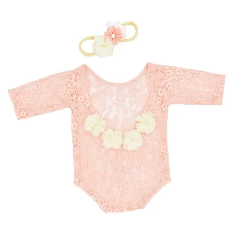 Baby Newborn Photography Props Costume Infants Lace Romper Jumpsuit+Pearl Headband Set Photo Shooting Accessories