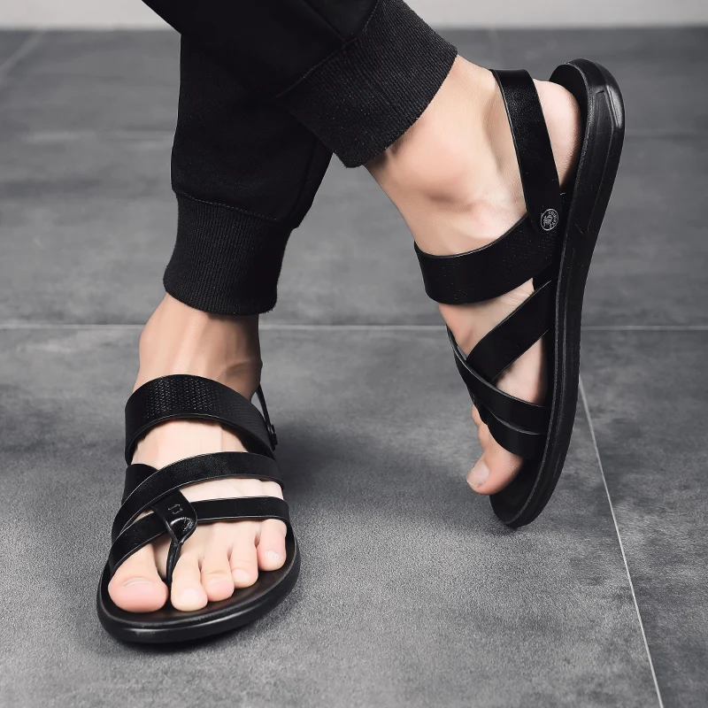 

Leather Concise Flat Open Toe Rome Style Mens Sandals Daily Outdoor Street 2021 Fashion Breathable Light Slippers Beach Shoes