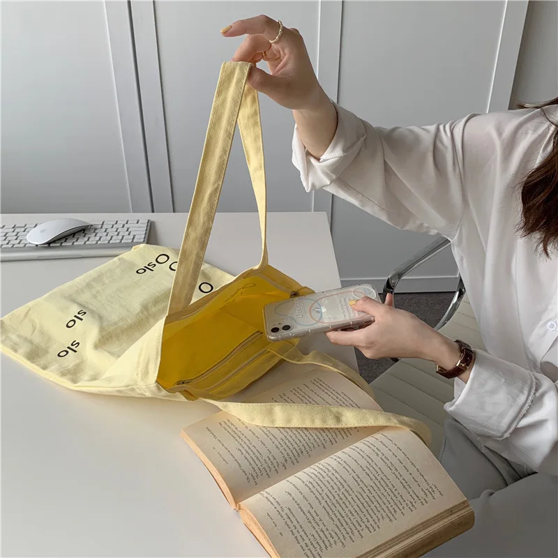 

Women's Eco Reusable Shopper Bag Simple Letters Female Girls Large Daily Casual Tote Handbags Yellow Canvas Ladies Shoulder Bag