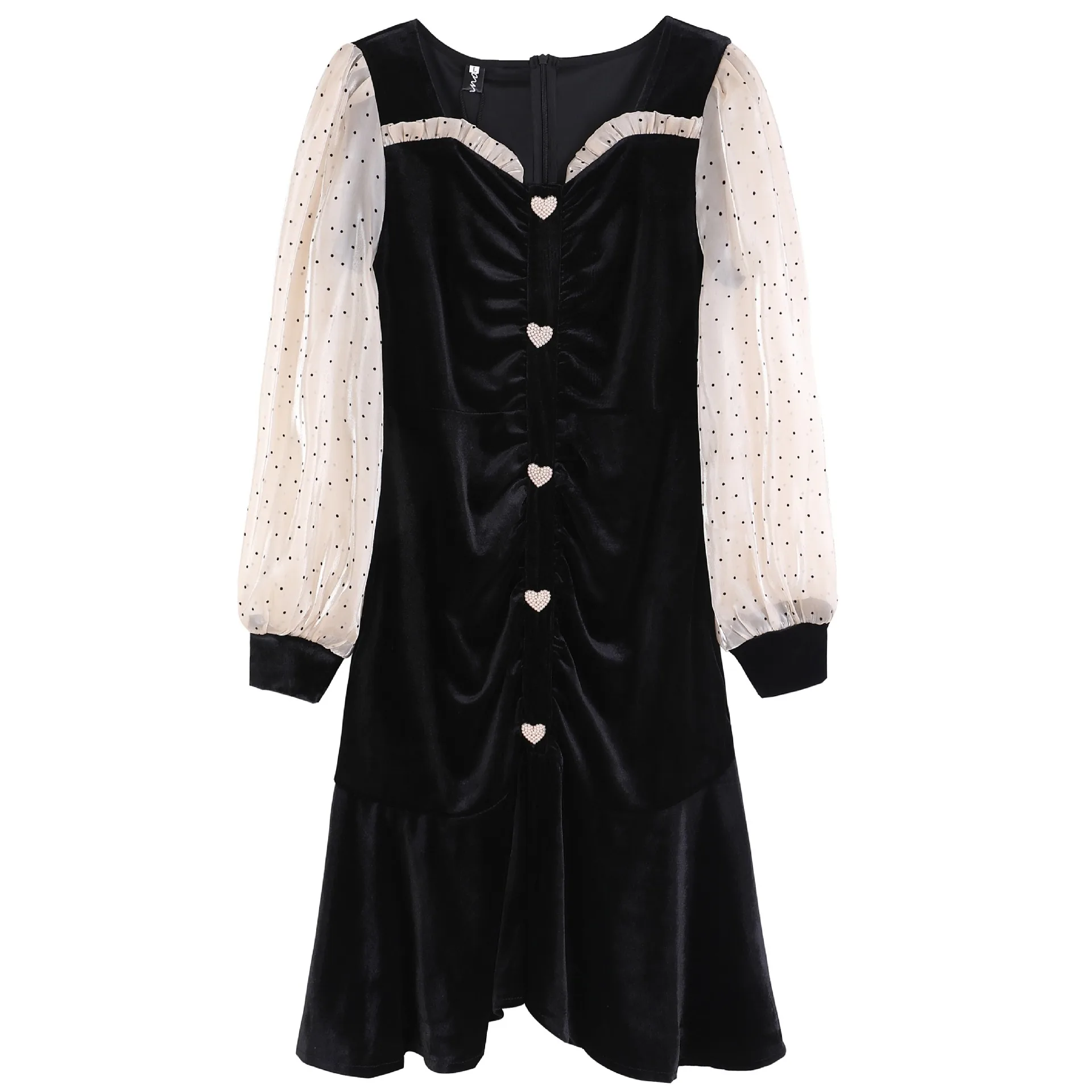 

BacklakeGirls Polka Dot Print Black Chiffon Velvet Dress Autumn / Winter Retro Knee Length High Waist Cocktail Dress Women