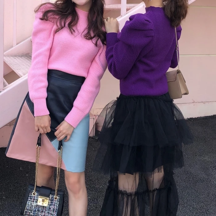 

2020 Autumn winter Purple pink red Turtleneck Sweater Hubble-bubble sleeve Pullovers Women Knitted Warm Sweater