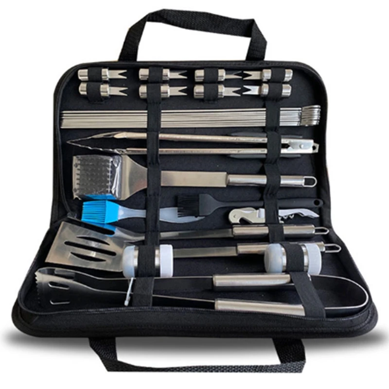 

28 Pcs Cloth Bag Stainless Steel Barbecue Tool Set & 1 Pair Silicone Cooking Gloves with 2 Pcs Pastry Brush