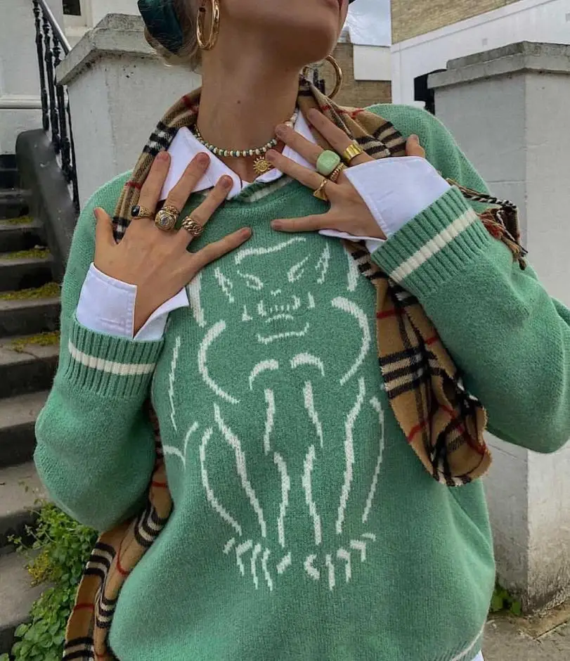 Женские осенние свитера Модный женский вязаный Топ с изображением монстра для