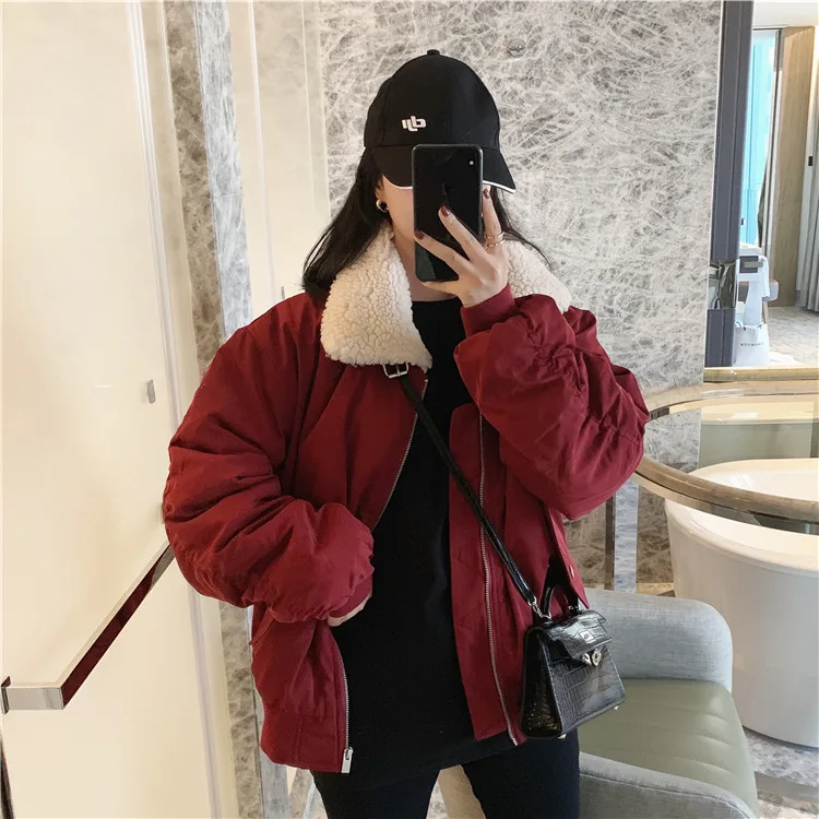 

Зимняя Новая Рождественская короткая куртка из красной овечьей шерсти с лацканами, Женская хлопковая куртка