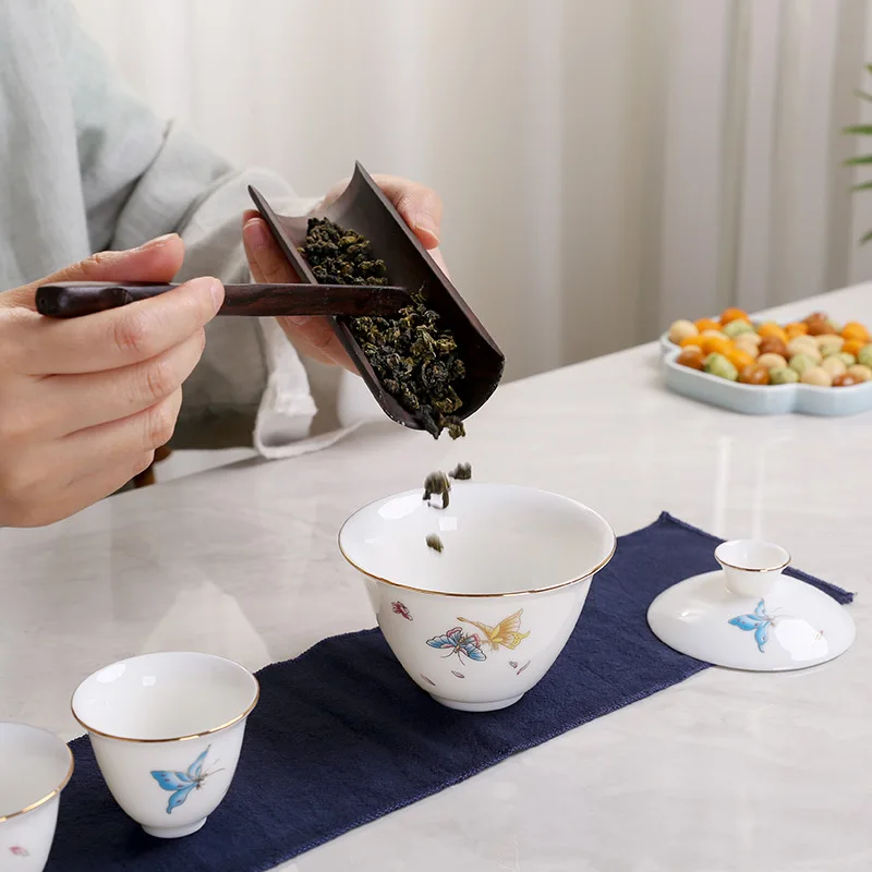 Белый фарфор ручной работы ланолин нефрит один чайник три чашки дорожный чайный