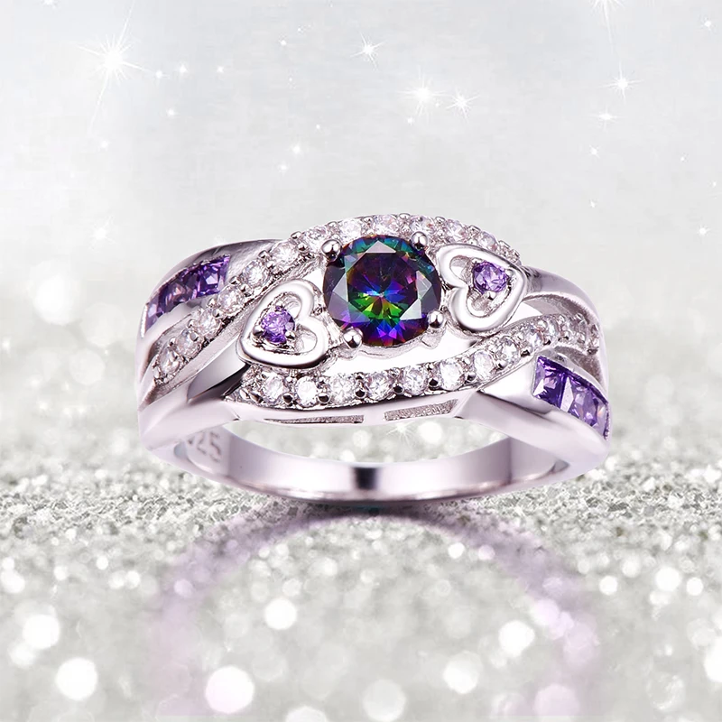 Свадебное модное кольцо JROSE с круглым Мистик Радуга белый и фиолетовый