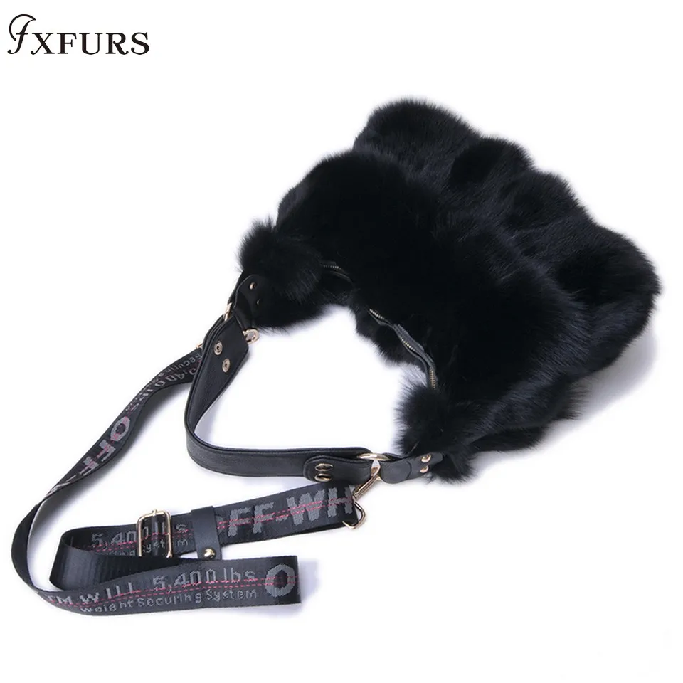 FXFURS, новинка, сумки из натурального лисьего меха, женские сумки через плечо на одно плечо, сумки через плечо из меха серебристой лисы, большие женские клатчи - Цвет: black