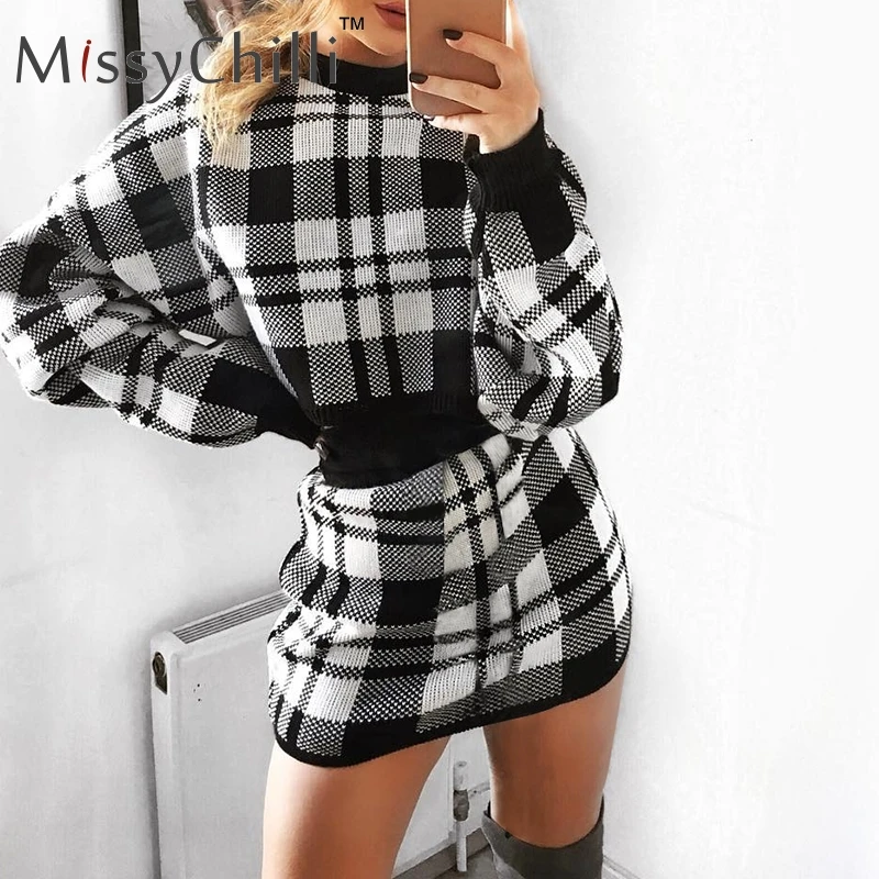 MissyChilli, элегантное вязаное клетчатое платье, костюм из двух частей, Женское зимнее клубное мини короткое платье, женские вечерние платья с длинным рукавом, облегающее платье