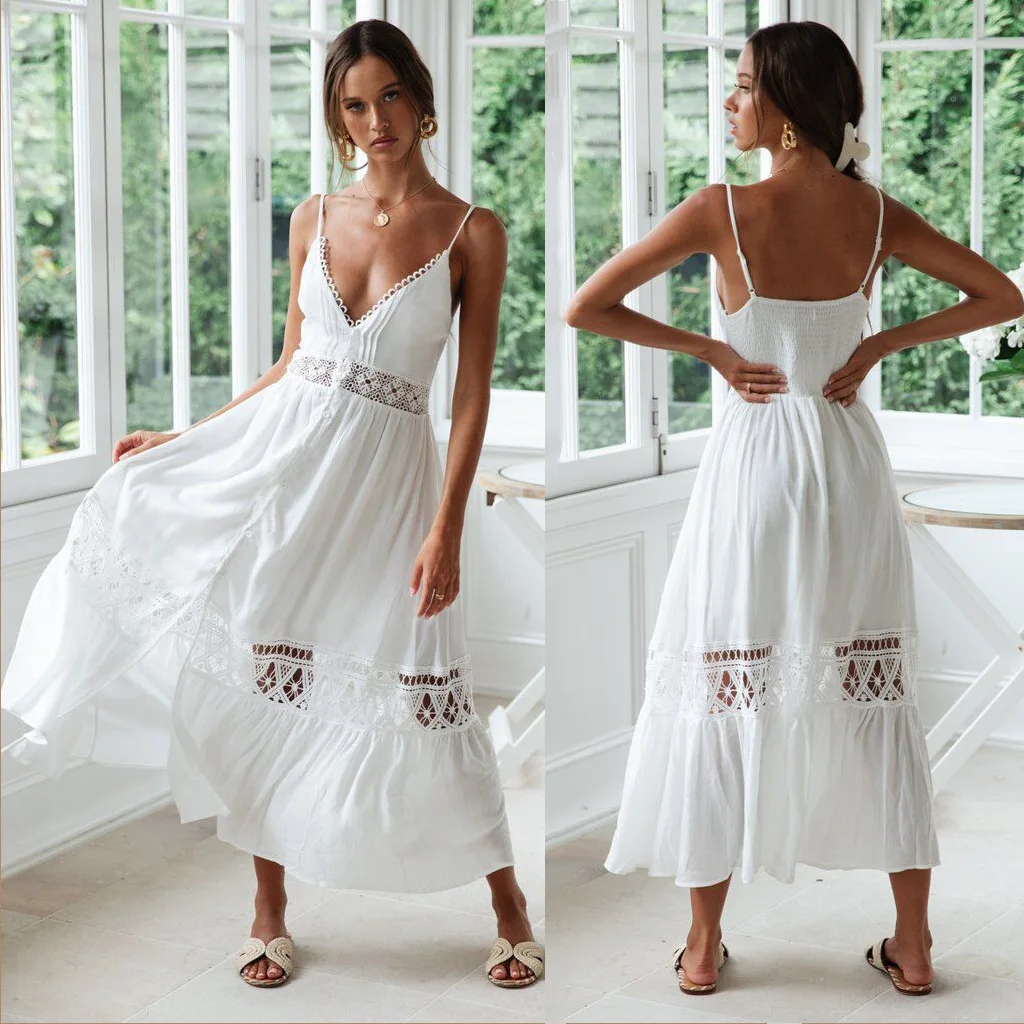 2021 Sexy Hollow Out Lace Spaghetti Strap White Summer Beach Dress Robe Elegant Women Beachwear Maxi Dress Vestidos Blusas