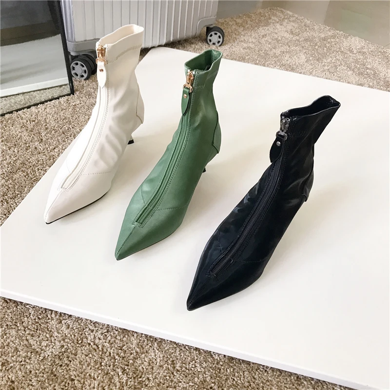 Женские атласные ботильоны с острым носком на молнии спереди модные