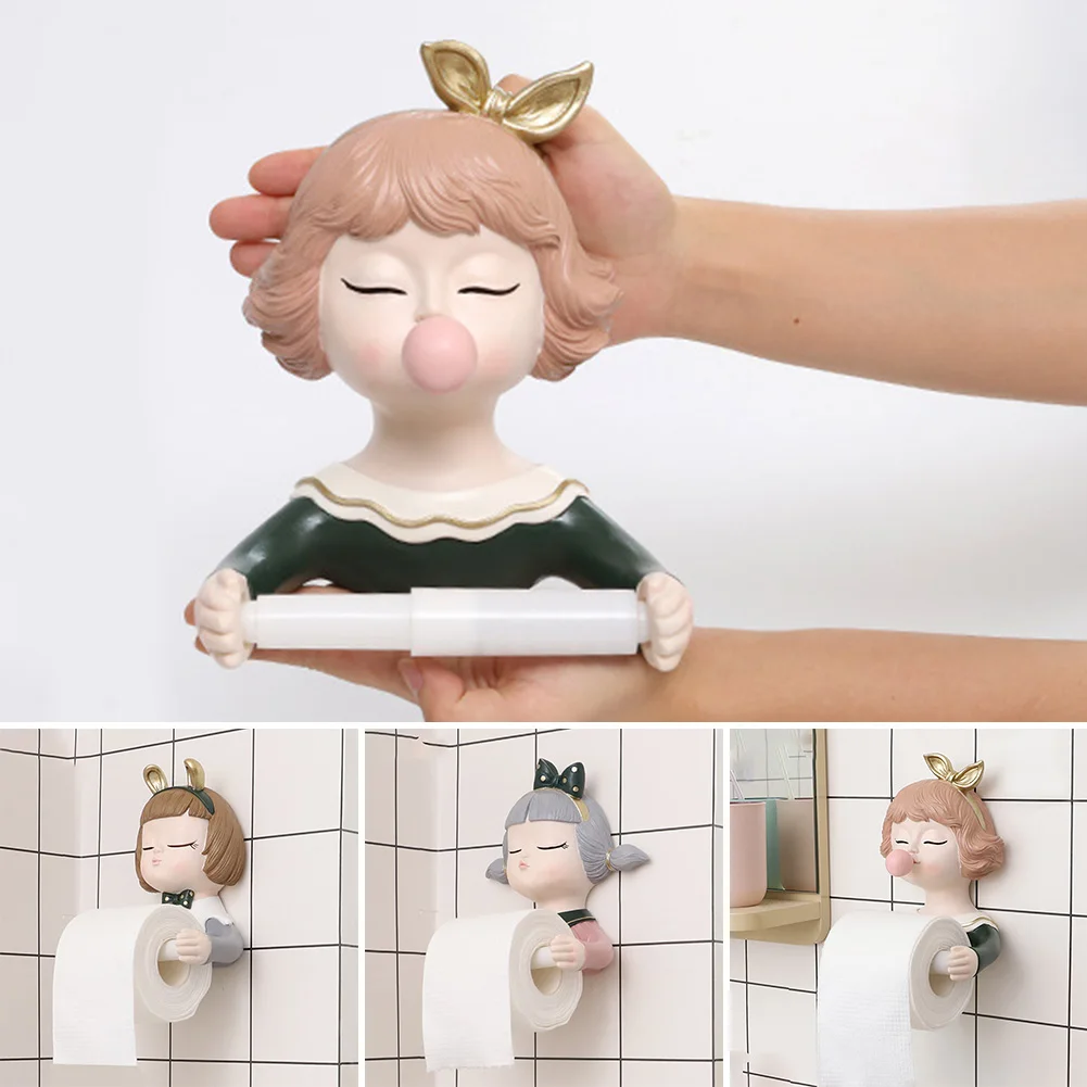 

Self Adhesive Kitchen Cartoon Toilet Paper Holder Bathroom Storage Organizer Resin Hotel Roll Tissue Cute Girl Wall Mounted Home