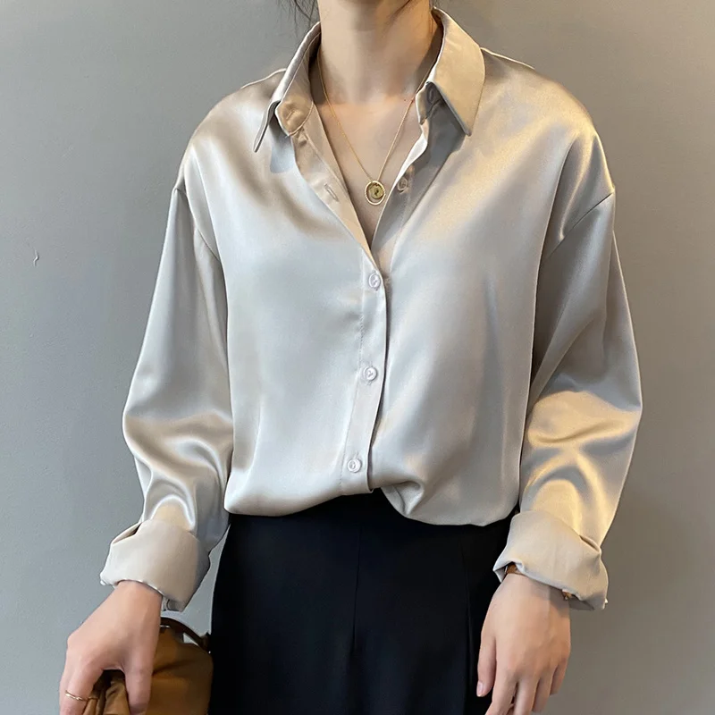 

Long-Sleeved Shirts Women 2020 Fashion Button Up Satin Silk Vintage White Tops Elegant Korean Office Lady Blouses 0855