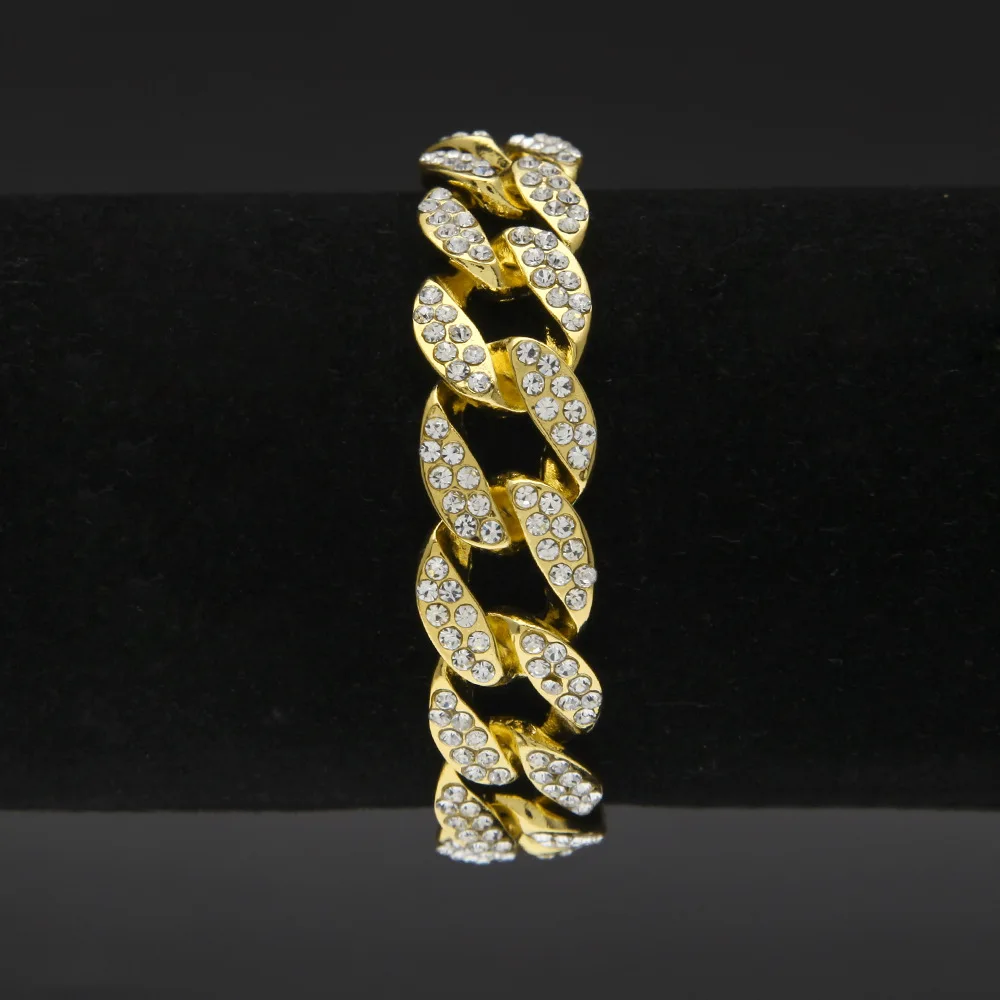 Iced Out 15 мм для женщин Bling полный горный хрусталь США кубинская звено цепи хип хоп браслет золотые серебряные браслеты ювелирные изделия для мужчин