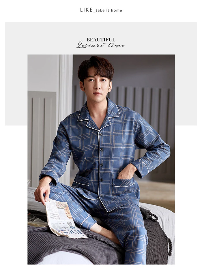 Men Pyjama Set 100% Cotton Spring Long Sleeve Print Men Pajama Suit Autumn Nightwear Collar Pijama Male Sleepwear Two Piece XXXL mens short pjs