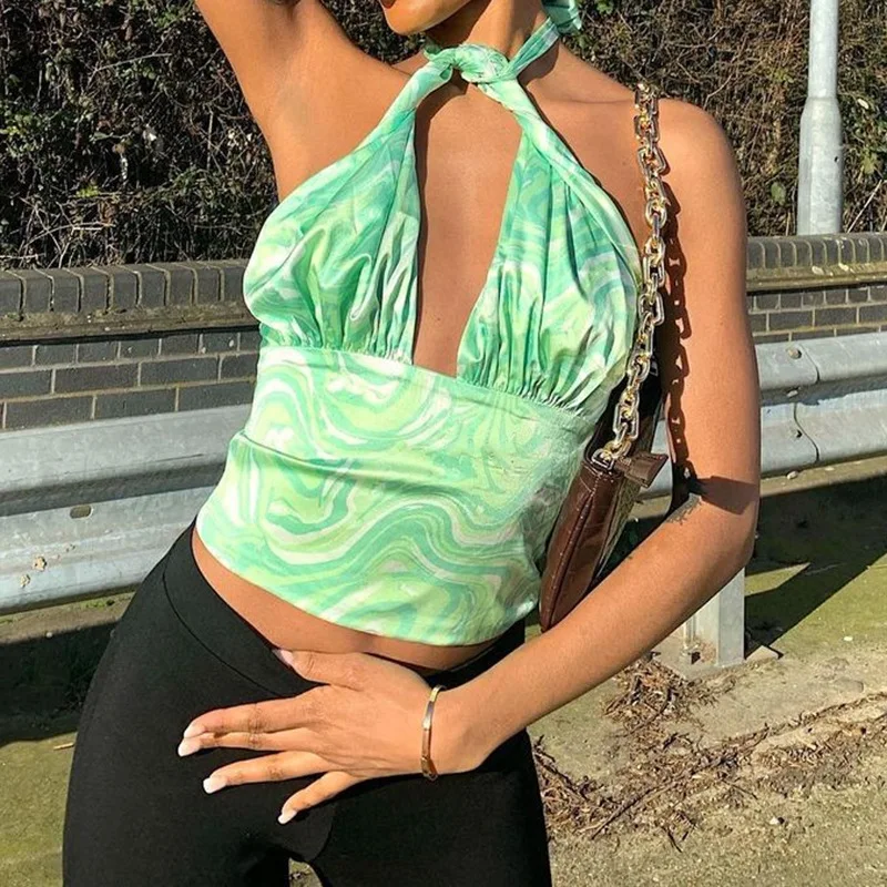 

Women clothing 2021 y2k Printing soft Satin Top women fashion Sleeveless Halter Backless Crop Top Woman aesthetic