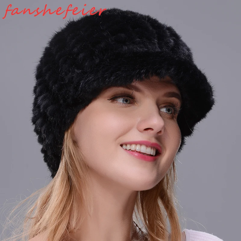 Зимняя вязаная Настоящая Натуральная норковая шапка для женщин Ermine хорошего