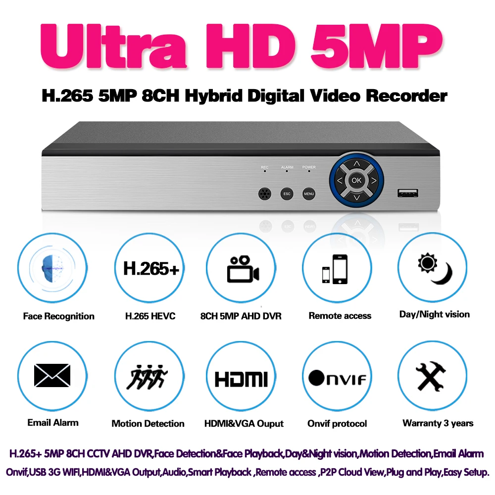 H.265 8CH * 5MP AHD DVR камера видеонаблюдения видеорегистратор гибридный для 720P