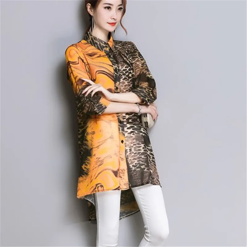 Женская шифоновая блузка с леопардовым принтом Длинная тонкая рукавом 3/4 и