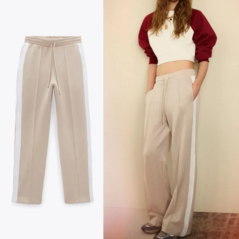 

2021 retro striped all-match sports pants women's adjustable elastic waist casual trousers women's fashion soft pants