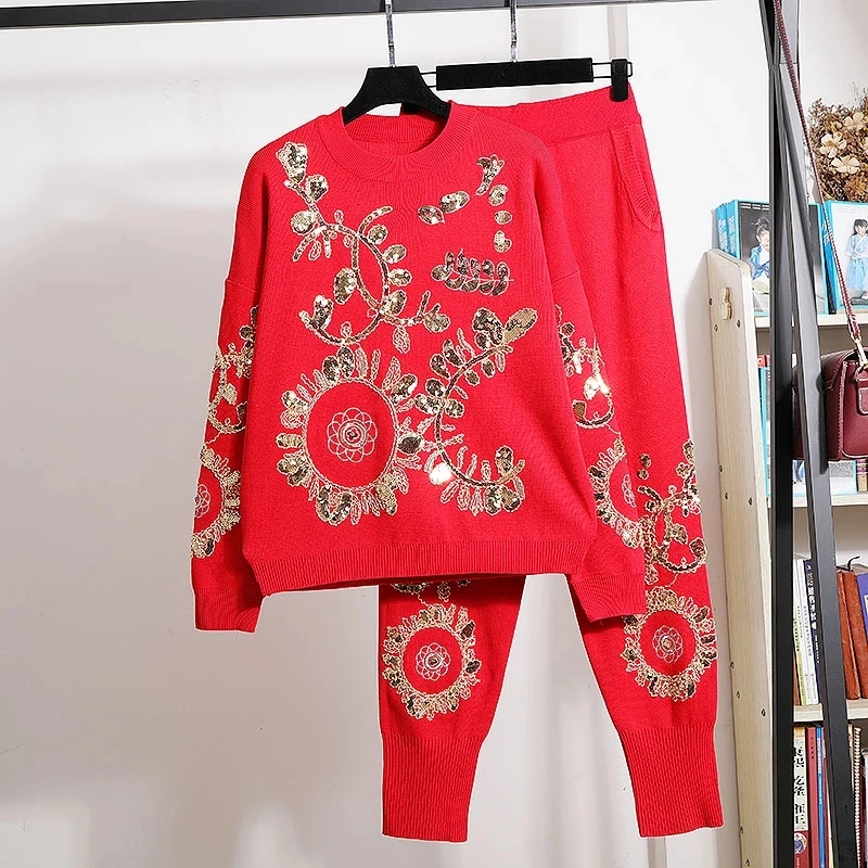 2021 Autumn Winter Fashion Women Gold Leaf Flower Embroidery Sequin Knitted Sweater Casual Trouser LO Women‘s Two Piece Outfits