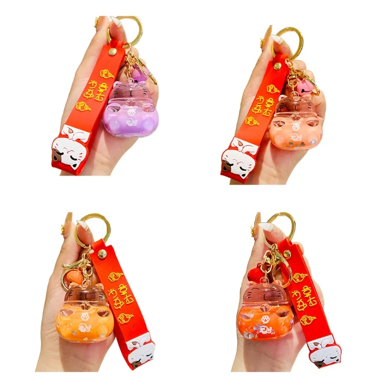 

2021 New Cartoon Lucky Cat Liquid Oil Quicksand Keychain Cute Maneki Neko Colorful Floating Sequins Acrylic Keyring Bag Ornament