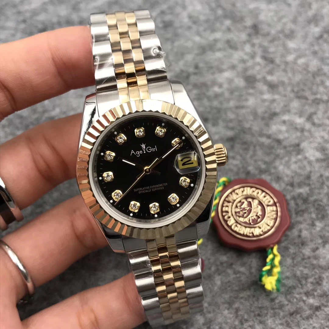 Роскошные брендовые новые женские часы Datejust из нержавеющей стали с автоматическим механическим сапфировым серебром 18 К желтое золото черные бриллианты часы 31 мм