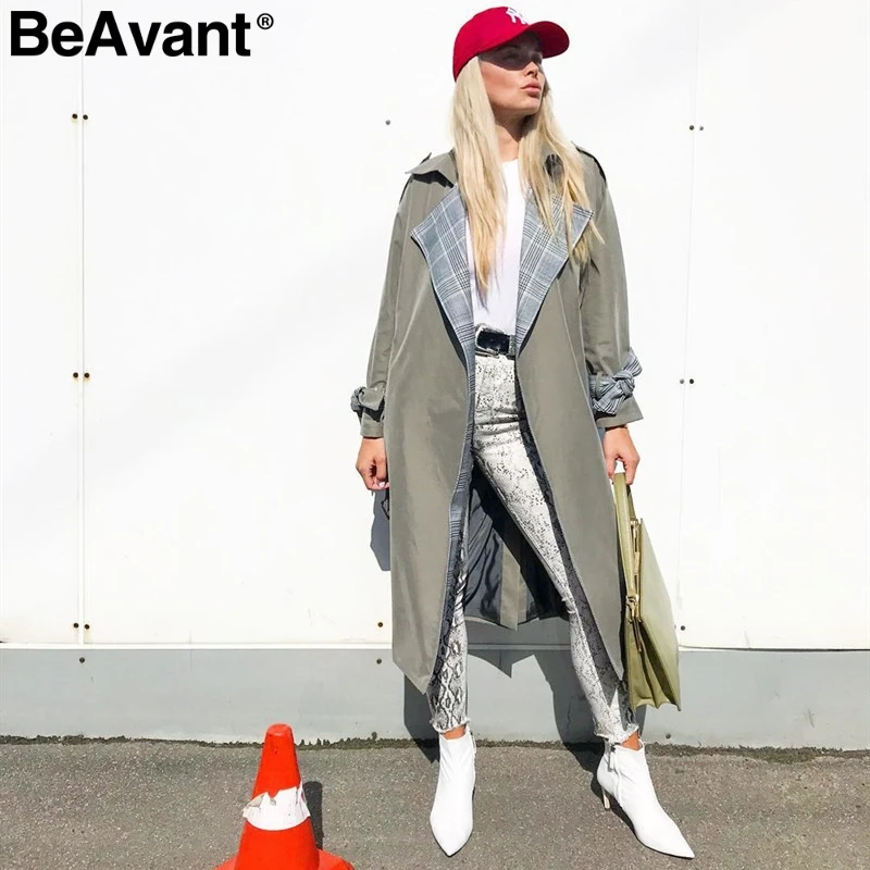 BeAvant отложной воротник сшивание Женский Тренч винтажное клетчатое осенне зимнее