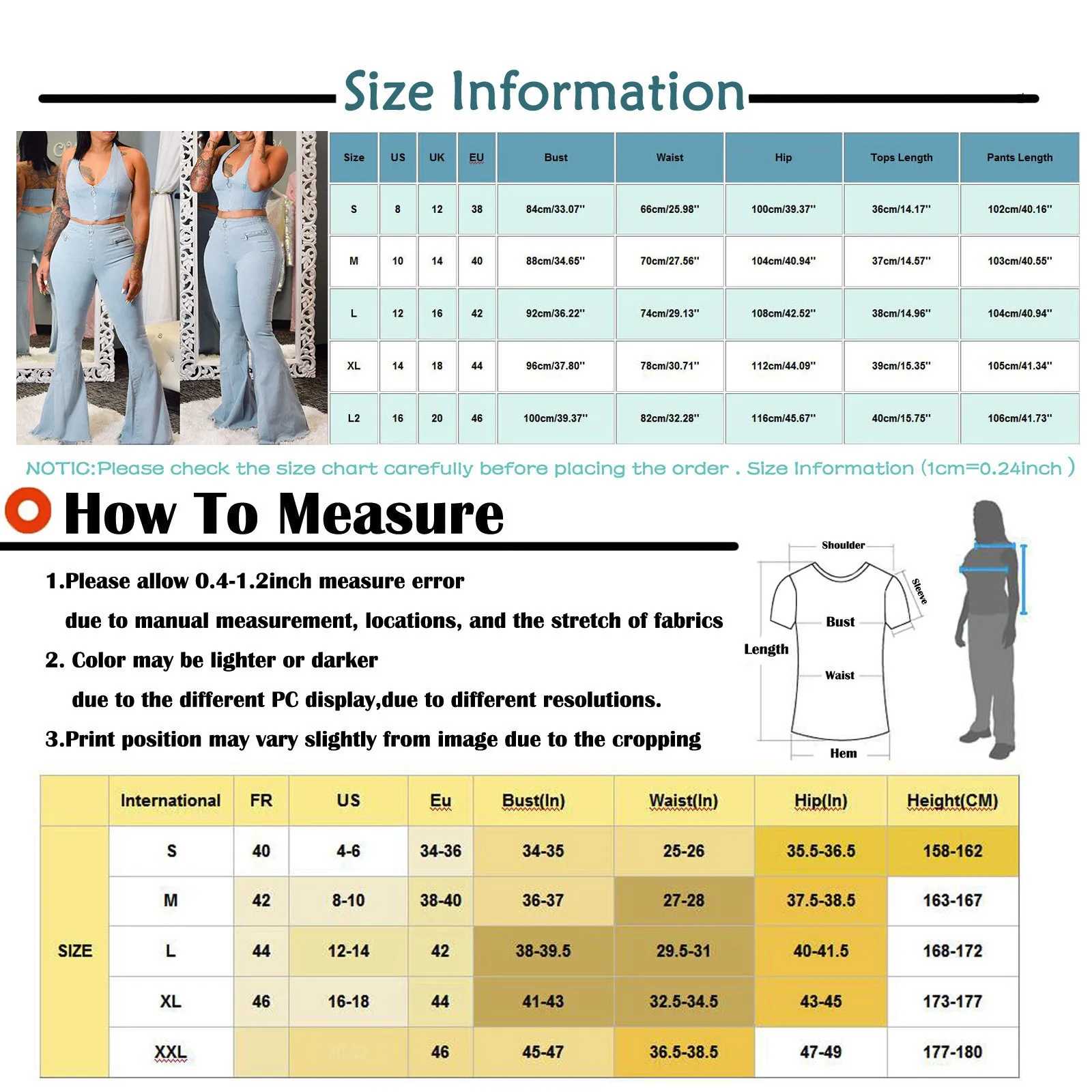 

Sexy 2 Pieces Set Womens Pant Sets Womens Button Zipper Pocket Jeans Casual Denim Flares Sexy Set Tops Pants Suit Jeans#f3