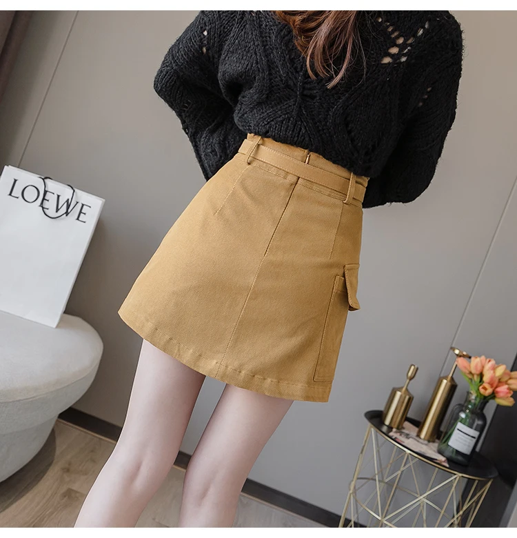 Trytree Autumn Women Casual Empire Short Skirt 5 Colour A-line Fashion Elegant Pockets Button Belt Mini Office Lady Short Skirt