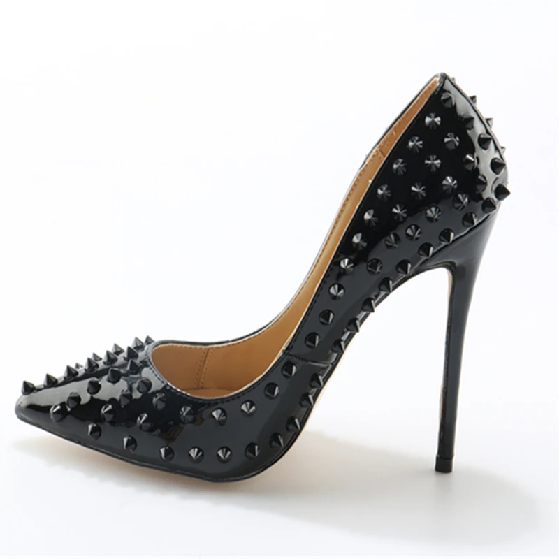 Женские туфли-лодочки с заостренным носком на высоком каблуке заклепками | Обувь