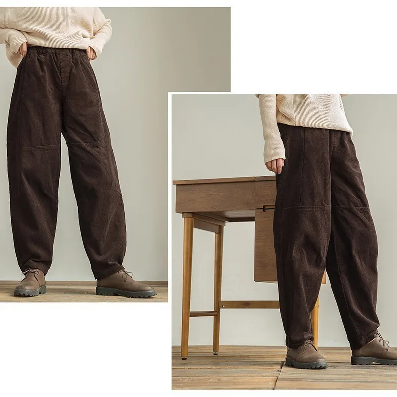 NINI WONDERLAND Corduroy Harem Pants Woman Autumn Low Crotch Ankle Length Pants Elastic Waist Female Loose Trousers Casual