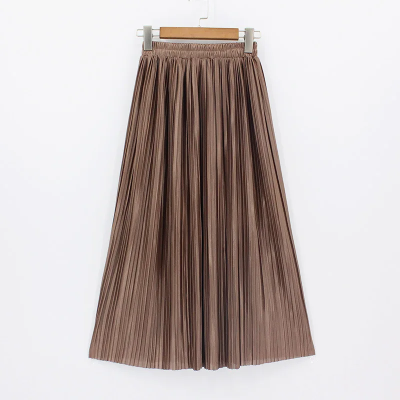 CR Metallic Luster Elasticity Pleated Skirt Woman Europen High Street Style A-Line Mid-Calf Bottoms Party Date | Женская одежда