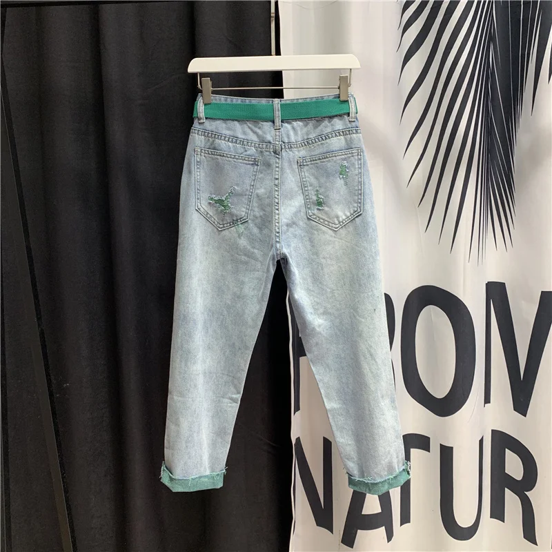

Chic Summer Jeans Women Ankle Length Denim Pants High Street Ripped Hole High Waist Loose Fit Hip Hop Harem Pants Green S-XL