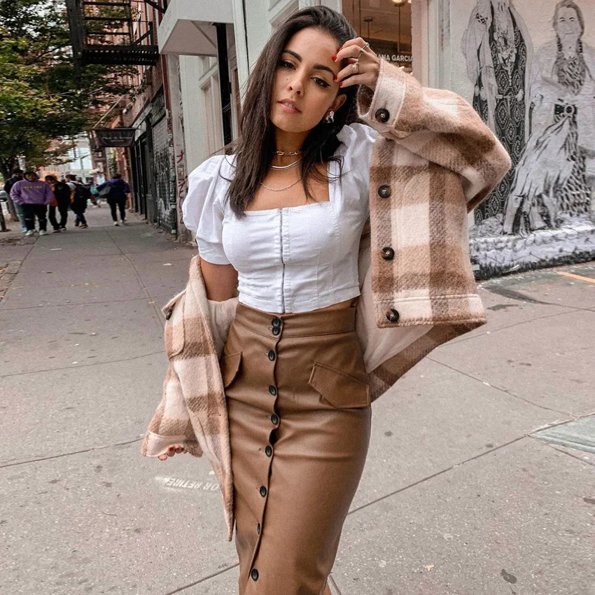 Женская кожаная юбка с высокой талией IEMUH однобортная офисная элегантная длинная