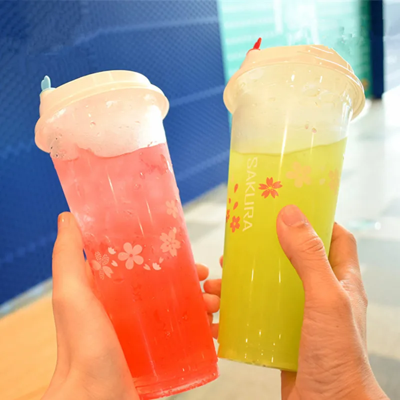 

50pcs High quality creative cherry blossoms party favor cold hot drink cup 500ml/700ml milk tea transparent plastic cup with lid
