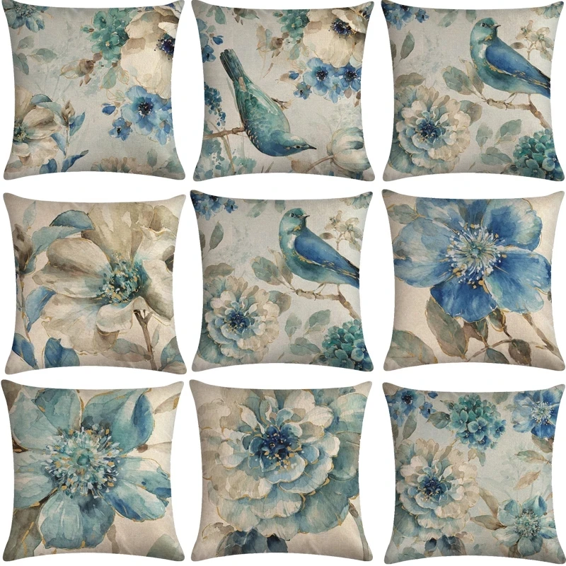 Cotton Linen Birds And Flowers Sofa Decorative Cushion Cover Pillow Pillowcase 45*45CM Throw Pillow Home Decor Pillowcover