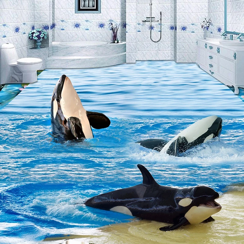 Пользовательский 3D настил Настенные обои дельфин океанские волны унитаз